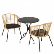 Salon de jardin 2 pers - table ronde D70 et 2 fauteuils beiges/noires