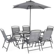 Sweeek - Table de jardin avec 6 fauteuils pliants gris et un parasol 2m. anthracite. structure acier avec revêtement anti rouille - Gris