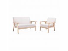Banquette et fauteuil en bois et tissu bouclette. Isak. L 114 x l 69.5 x h 73cm