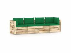 Canapé de jardin 4 places avec coussins bois imprégné de vert