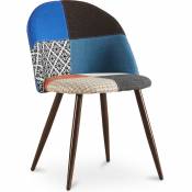 Chaise à manger tapissée scandi retro design patchwork pieds en bois sombre - Evelyne Pixi Multicolore - Métal finition effet bois, Bois, Lin