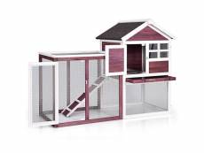 Clapier cage à lapins en bois avec toit en asphalte imperméable plateau coulissant grillage et 2 portes d'entrée blanc+rouge