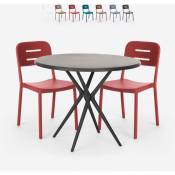 Ensemble Table Ronde Noire 80cm et 2 Chaises Design Moderne pour Jardin Bar Restaurant Ipsum Dark Couleur: Rouge