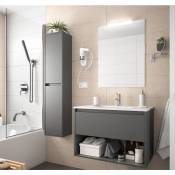 Meuble de salle de bain suspendu 80 cm gris opaque avec un tiroir et un espace | 80 cm - Avec double colonne, miroir et lampe à led