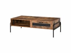 Table basse rectangulaire style industriel niche tiroir coulissant métal noir panneaux particules aspect vieux bois veinage