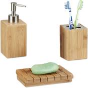 Accessoires salle de bain bambou Set 3 pièces distributeur savon gobelet brosse à dent porte-savon, nature - Relaxdays