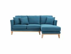 Canapé d'angle droit déhoussable 4 places en tissu bleu canard et bois clair oslo