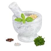 Mortier rond avec pilon, set en marbre, pour épices et herbes, lourd, diamètre 15 cm, gris et blanc - Relaxdays