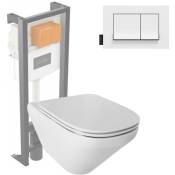 Pack WC suspendu sans bride JACOB DELAFON Modern Life + abattant + bâti-support + plaque rectangle blanche - Blanc alpin
