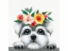 Tableau peinture chien couronne de fleurs 50 x 50 cm