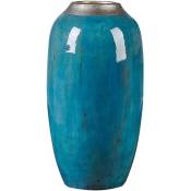 Vase Déco Bleu Brillant avec Col en Métal Argenté à Poser Sur Table ou Buffet de Tous Les Styles de Décoration Beliani