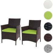 2x fauteuil de jardin Halden en polyrotin, fauteuil en osier - marron chiné, coussin vert
