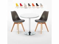 Table blanche ronde 70x70cm 2 chaises colorées d'intérieur