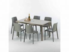 Table rectangulaire et 6 chaises poly rotin resine ensemble bar cafè exterieur 150x90 beige marion Grand Soleil
