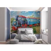 Walltastic - Papier peint train bleu et rouge locomotive qui sourit 305x244 cm