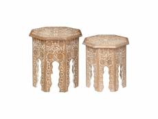 Atmosphera - set de 2 tables d'appoint en bois de manguier sculpté et blanchi