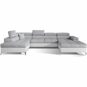 Canapé panoramique bi-matières tissu gris clair et simili cuir blanc coffre de rangement à gauche Kutty 345 cm