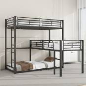 Lit à cadre en fer 90×200cm,lits triples au design simple,cadre de lit avec cadre en métal,avec garde - corps haut,deux échelles, Noir