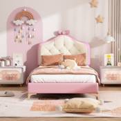 Lit rembourré, lit simple avec tête de lit ondulée et point de traction, nœud rose, avec bandes led multicolores changeantes, lit simple, pu, cadre