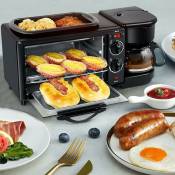 Machine à petit-déjeuner 3 en 1 multifonction Mini four Petit déjeuner avec plaque grill pour four à pizza, café, sandwichs, cafetière, gâteau, noir