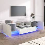 Meuble TV 165cm avec lumières LED colorées- 2 tiroirs 2 portes et 2 étagères en verre - Blanc
