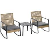 Outsunny Ensemble de jardin 3 pièces style cosy 2 fauteuils à bascule avec coussins assise dossier + table basse résine rotin naturel gris