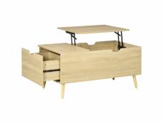 Table basse relevable design scandinave - tiroir, coffre interne - acier piètement bois pin panneaux aspect chêne clair
