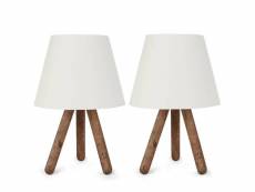 Lot de 2 lampes à poser lino style scandinave blanc crème et trépied en bois