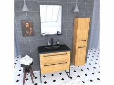 Pack meuble de salle de bain 80x50cm chene brun - 2 tiroirs chene brun - vasque resine noire