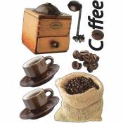 Sticker autocollant décoratif, photo pause café avec son moulin à café, ses tasses et le sac en toile remplit de grains, 68 cm x 24 cm - Marron