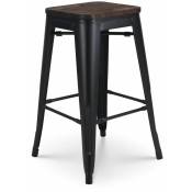 Kosmi - Tabouret de bar en métal noir mat et assise en bois foncé - Hauteur 66cm