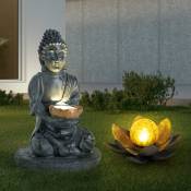 Lampe solaire d'extérieur Bouddha Feng Shui fleur solaire d'extérieur fleur de lotus verre craquelé solaire, gris, ampoules led, 1x lotus 1x bouddha,