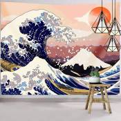 Tapisserie Murale Suspendue Vague Japonaise Tapisserie Murale Large Vague Décoration Murale Vague de Kanagawa avec Coucher de Soleil Fleur de