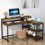 Tribesigns - Bureau en Forme de l, Table d'Angle avec étagère de Rangement & Support d'écran, Table d'étude, Table Informatique, 130x100x90cm