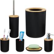 Accessoires salle de bain, lot de 6, en plastique et en bambou, ensemble complet, noir - Relaxdays