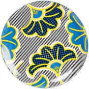 Assiette plate en porcelaine motif floral bleu, jaune et noir