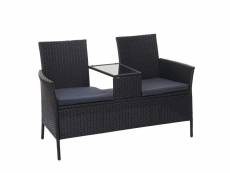 Banc en polyrotin avec table fauteuils chaises de jardin 132cm noir coussin gris foncé 04_0001141