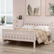 Dolinhome - Lit double lit en bois 140 x 200 cm lit à lattes en bois massif pour adultes, enfants, ados, blanc