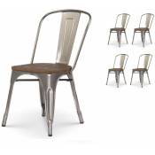 Kosmi - Lot de 4 chaises en métal brut avec assise en bois massif foncé - Aspect galvanisé - Gris