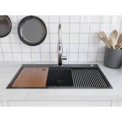 Meje - 80 x 46 cm poste de travail Évier de cuisine ferme en acier inoxydable avec planche à découper, grille et passoire - Noir