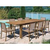 Ensemble repas table rectangulaire extensible en aluminium aspect Teck santorin avec 10 fauteuils Jardiline