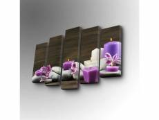 Pentaptyque atos motif bougie violet et pierres blanc fond bois