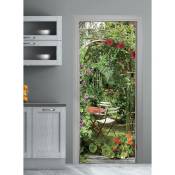 Plage - Sticker porte, trompe l'oeil arche fleuri de capucine, rose trémière, jardin , 204 cm x 60 cm - Vert