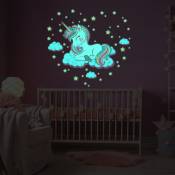 Sticker phosphorescent lumineux - licorne dans les nuages - Autocollant mural plafond enfant fluorescent - 60x70cm - multicolore