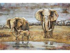 Tableau relief en métal éléphants en famille 120x80