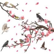 1 ensemble autocollant mural fleur rose fleur de cerisier autocollant mural oiseaux sur branche d'arbre autocollant d'art mural pour salon bureaux TV