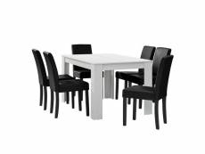 [en.casa] table à manger blanc mat avec 6 chaises noir cuir synthétique rembourré 140x90