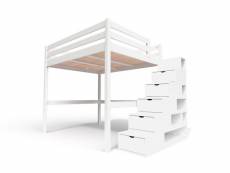 Lit mezzanine bois avec escalier cube sylvia 160x200 blanc CUBE160-LB