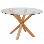 Table à manger ronde 119cm en verre pieds effet bois