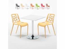 Table blanche carrée 70x70 et 2 chaises colorées